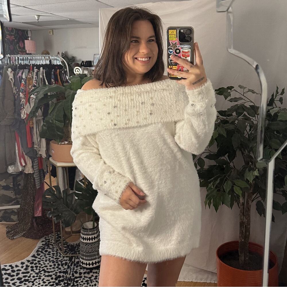 Soft Surroundings Beaded Off The Shoulder Sweater Dress White Large